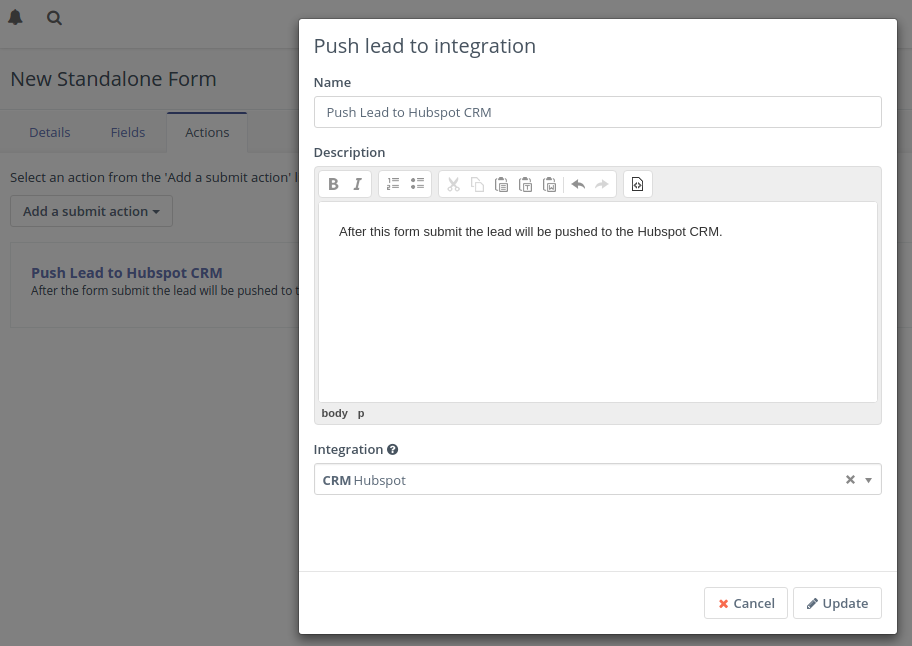 Push to Hubspot CRM form action