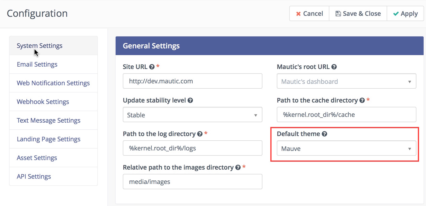 Configure themes under Administration Settings->System Settings